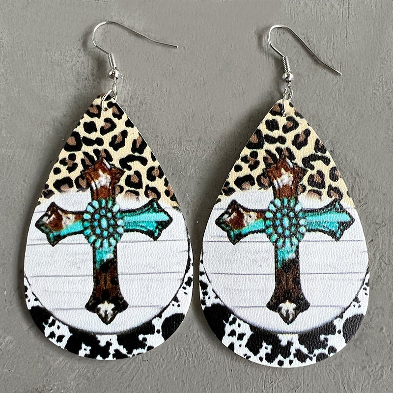 Wholesale Christmas Teardrop Leather Vintage Western Leopard Print Sunflower Cactus Deer Earrings